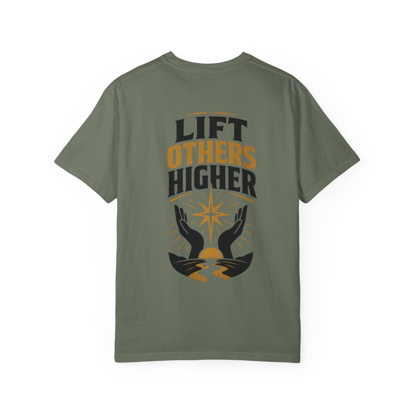 Lift Others Higher T-Shirt — Inspirational Graphic Tee with Hands & Star Back Print